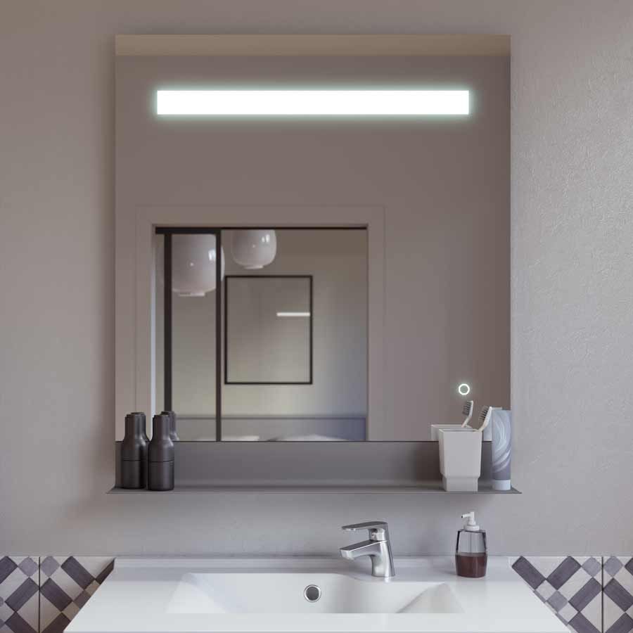 Miroir de salle de bain avec tablette et éclairage LED 70 cm x 80