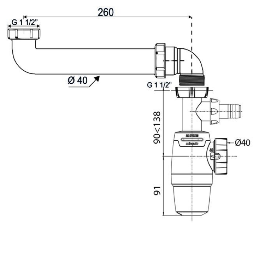 Siphon évier gain de place + raccord lave vaisselle WIRQUIN