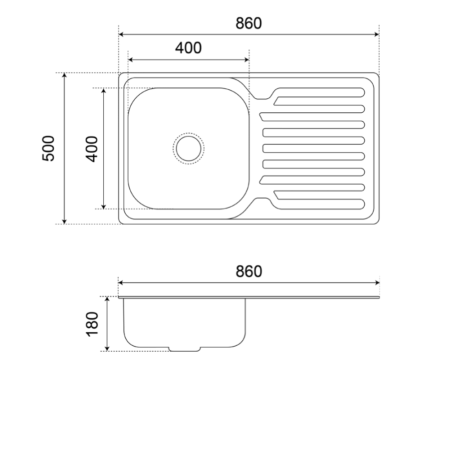 Evier de cuisine en inox 1 bac avec égouttoir 86 cm x 50 cm EVINOX