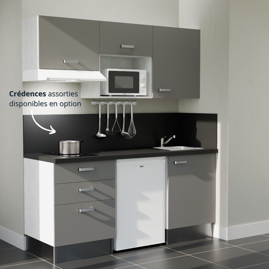 K20L-PT : Kitchenette 180 cm Gris, plan de travail noir, cuve inox