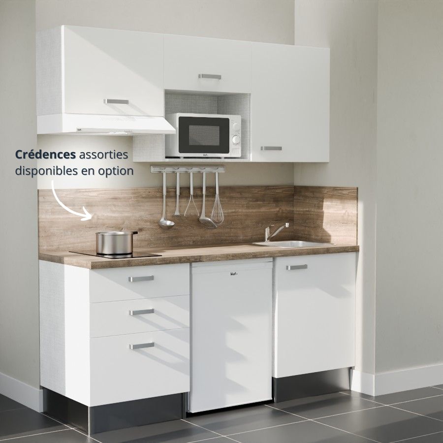 K20L-PT : Kitchenette 180 cm Blanc, plan de travail chêne, cuve inox