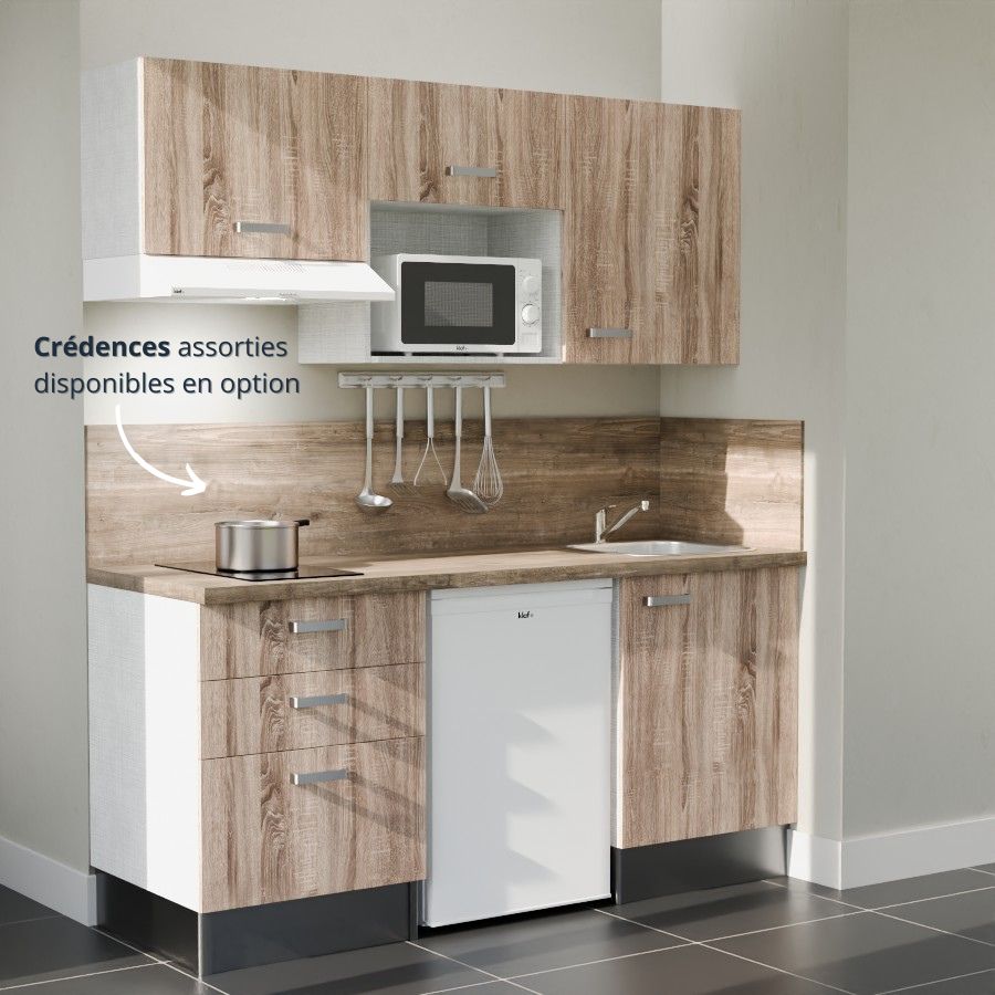 K20L-PT : Kitchenette 180 cm Chêne, plan de travail chêne, cuve inox