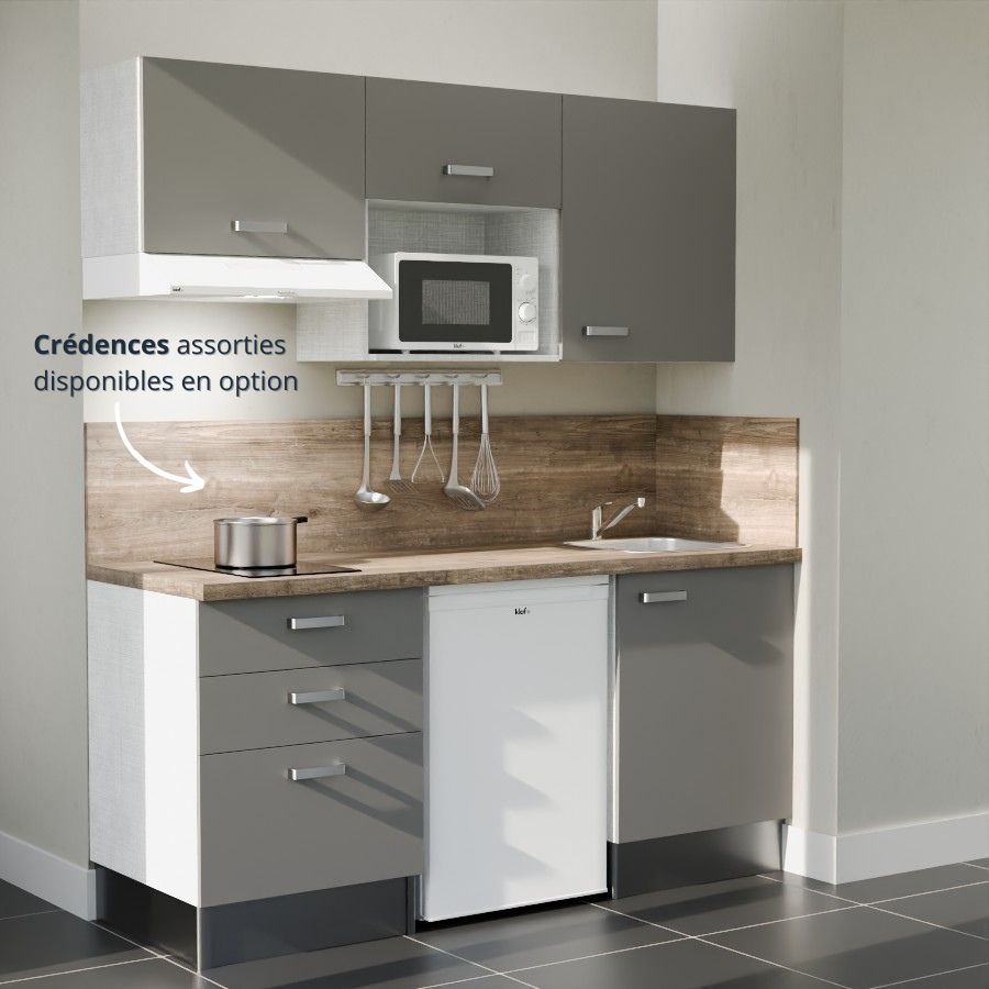 K20L-PT : Kitchenette 180 cm Gris, plan de travail chêne, cuve inox