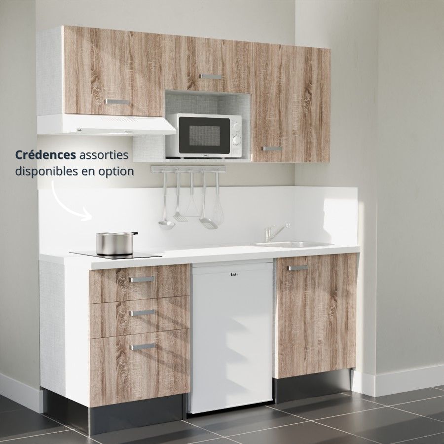 K20L-PT : Kitchenette 180 cm Chêne, plan de travail blanc, cuve inox