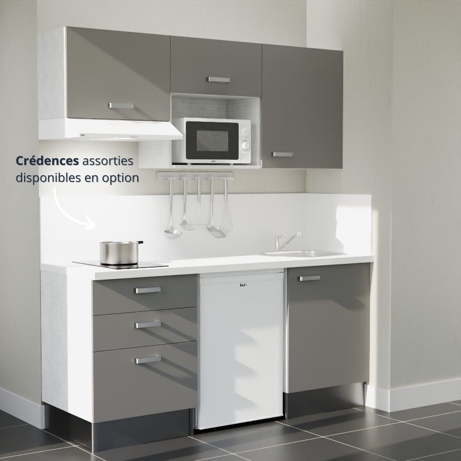 K20L-PT : Kitchenette 180 cm Gris, plan de travail blanc, cuve inox