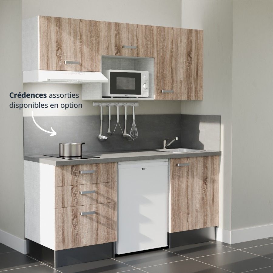 K20L-PT : Kitchenette 180 cm Chêne, plan de travail gris, cuve inox