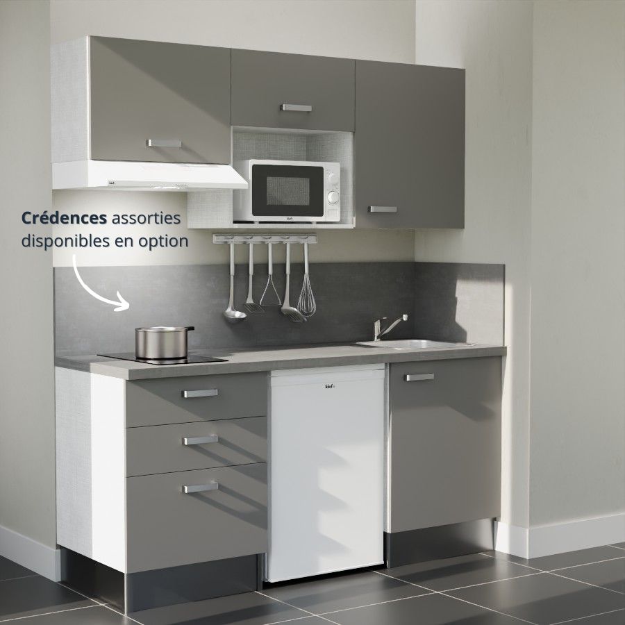 K20L-PT : Kitchenette 180 cm Gris, plan de travail gris, cuve inox