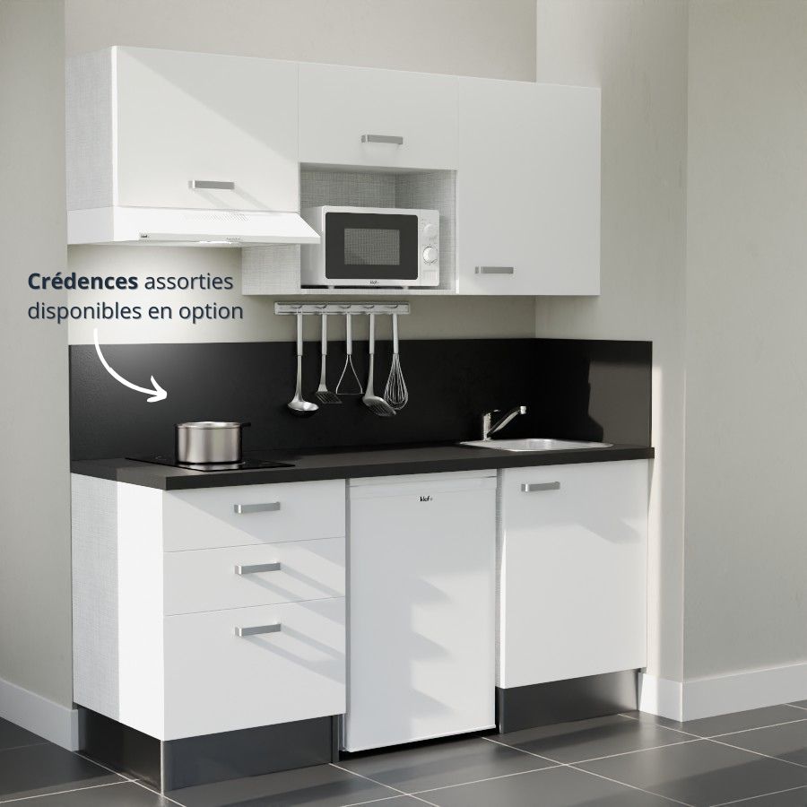 K20L-PT : Kitchenette 180 cm Blanc, plan de travail noir, cuve inox