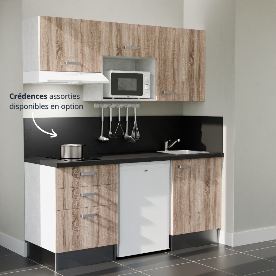 K20L-PT : Kitchenette 180 cm Chêne, plan de travail noir, cuve inox