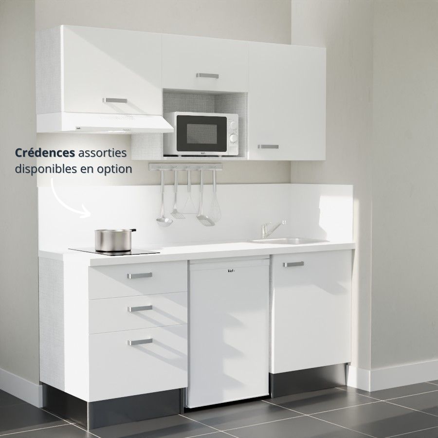 K20L-PT : Kitchenette 180 cm Blanc, plan de travail blanc, cuve inox