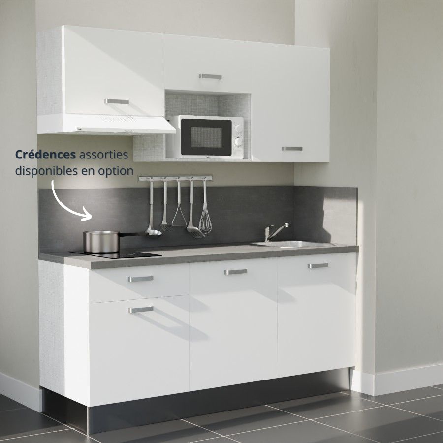 K30L-PT : Kitchenette 180 cm Blanc, plan de travail gris, cuve inox