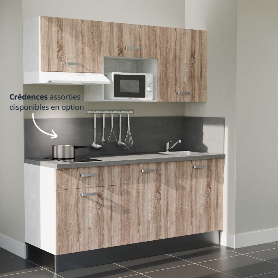 K30L-PT : Kitchenette 180 cm Chêne, plan de travail gris, cuve inox