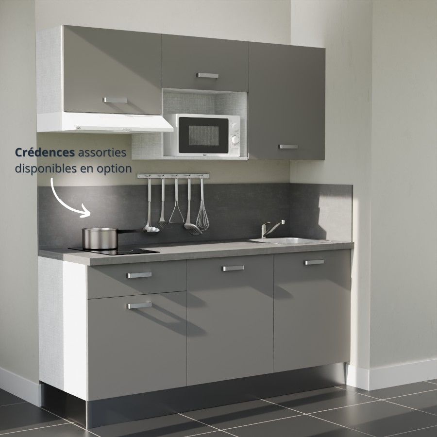 K30L-PT : Kitchenette 180 cm Gris, plan de travail gris, cuve inox