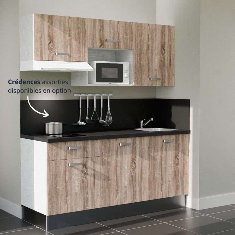 K30L-PT : Kitchenette 180 cm Chêne, plan de travail noir, cuve inox