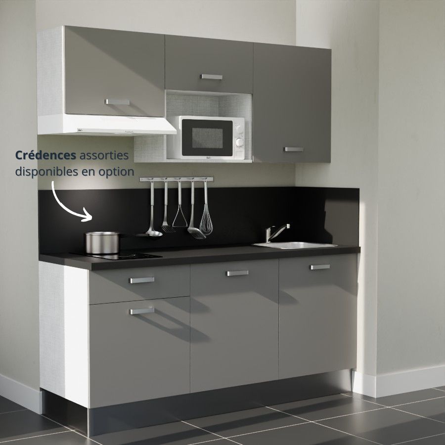 K30L-PT : Kitchenette 180 cm Gris, plan de travail noir, cuve inox