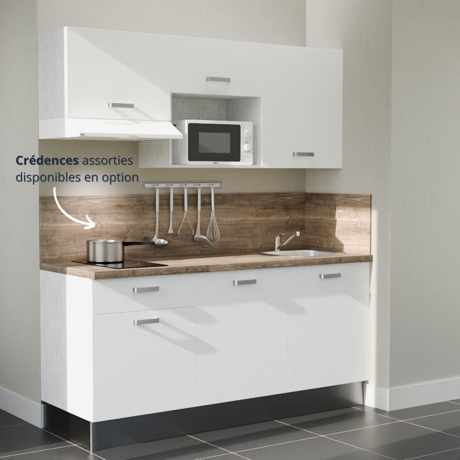 K30L-PT : Kitchenette 180 cm Blanc, plan de travail chêne, cuve inox