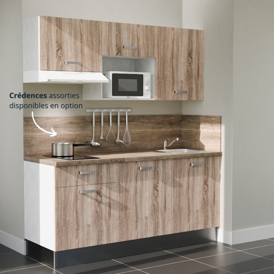 K30L-PT : Kitchenette 180 cm Chêne, plan de travail chêne, cuve inox