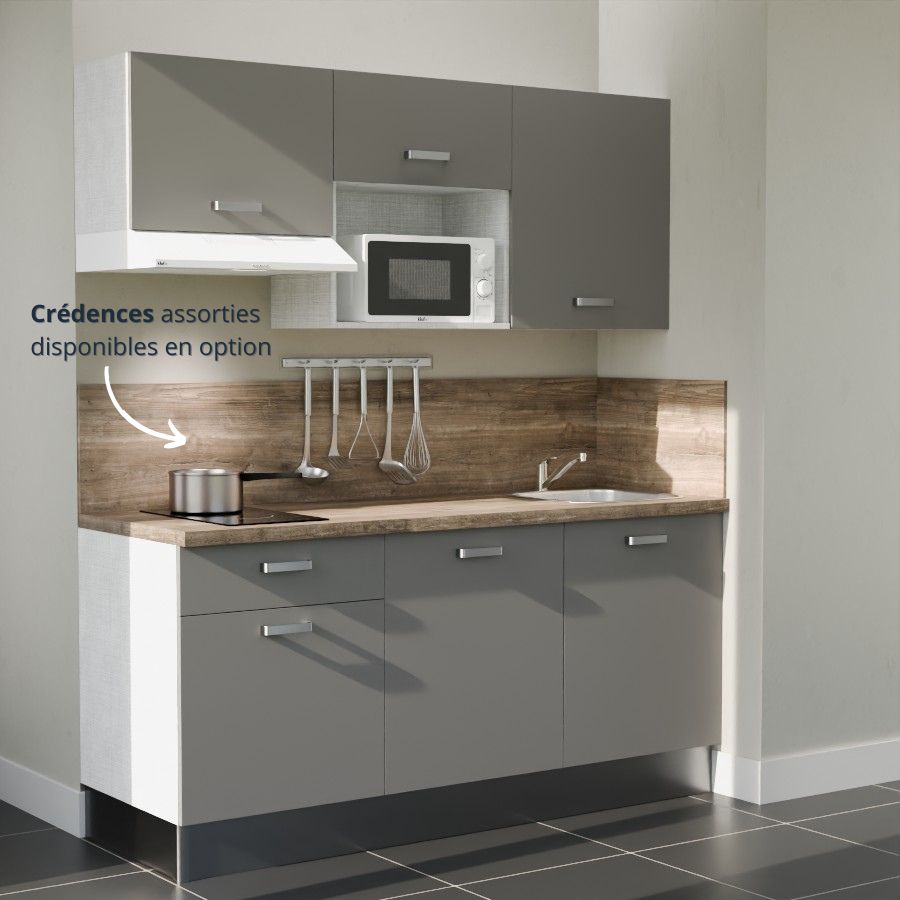 K30L-PT : Kitchenette 180 cm Gris, plan de travail chêne, cuve inox