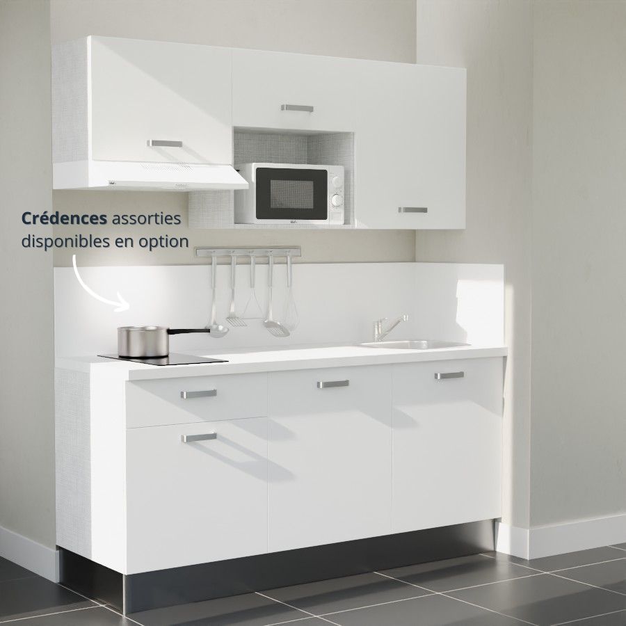 K30L-PT : Kitchenette 180 cm Blanc, plan de travail blanc, cuve inox