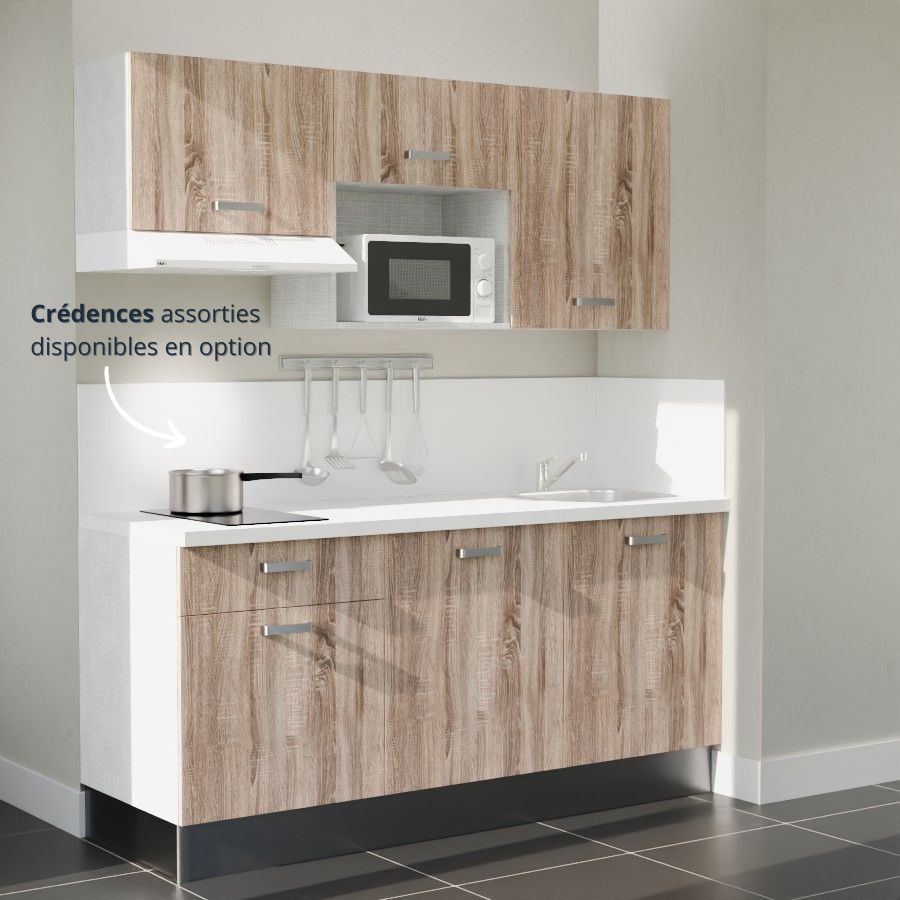 K30L-PT : Kitchenette 180 cm Chêne, plan de travail blanc, cuve inox