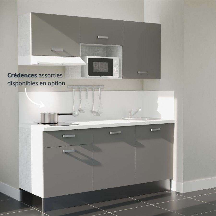 K30L-PT : Kitchenette 180 cm Gris, plan de travail blanc, cuve inox