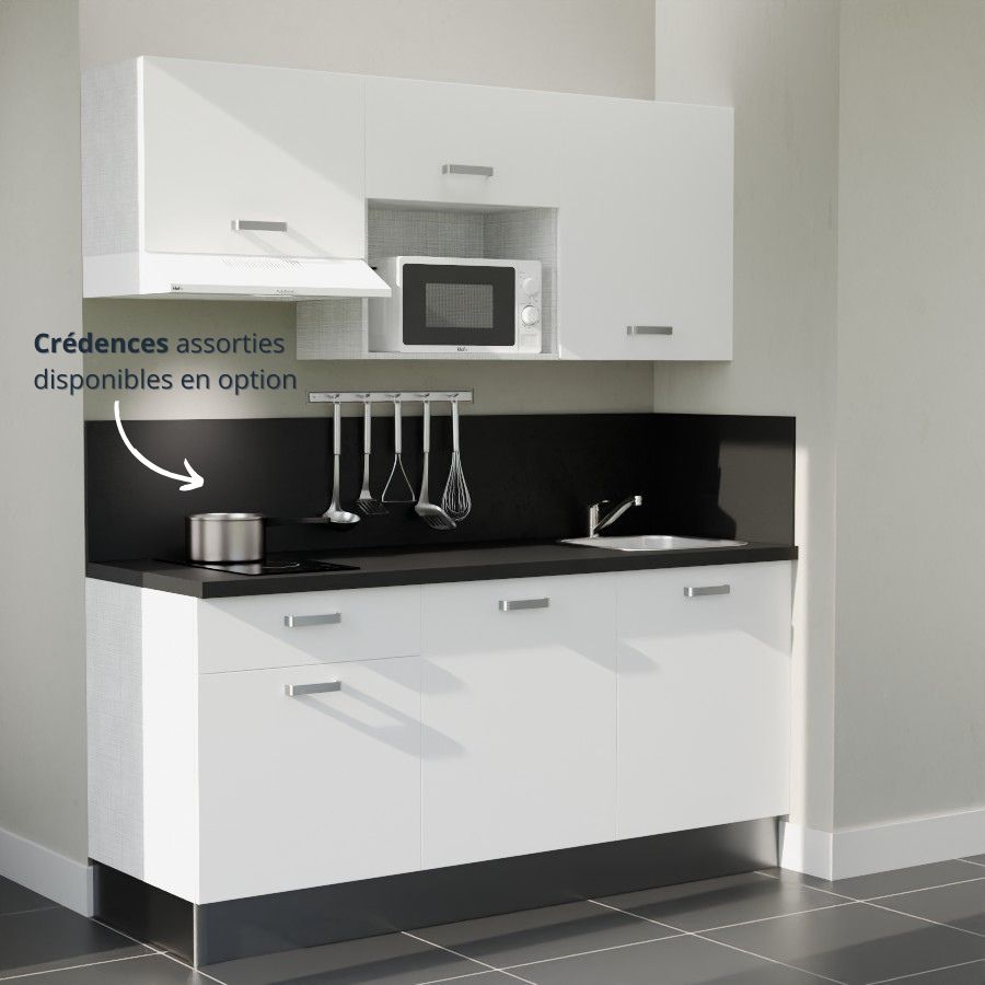 K30L-PT : Kitchenette 180 cm Blanc, plan de travail noir, cuve inox