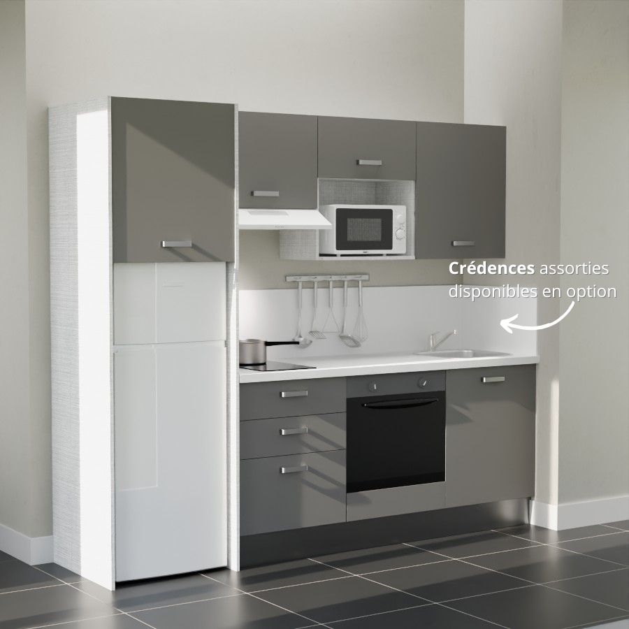 K37L-PT : Kitchenette 240 cm Gris, plan de travail blanc, cuve inox