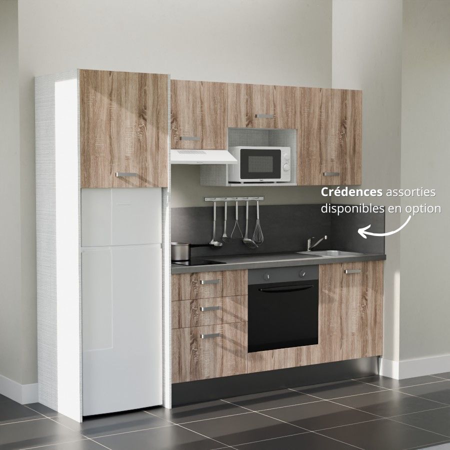 K37L-PT : Kitchenette 240 cm Chêne, plan de travail gris, cuve inox