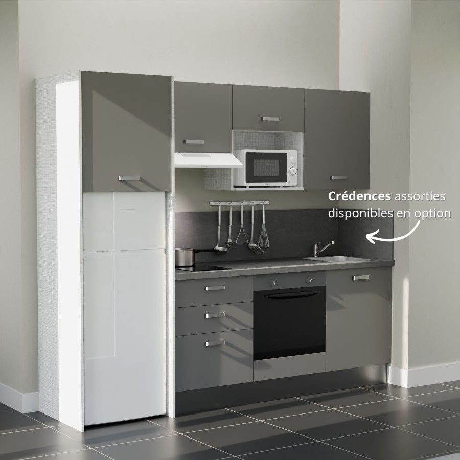 K37L-PT : Kitchenette 240 cm Gris, plan de travail gris, cuve inox