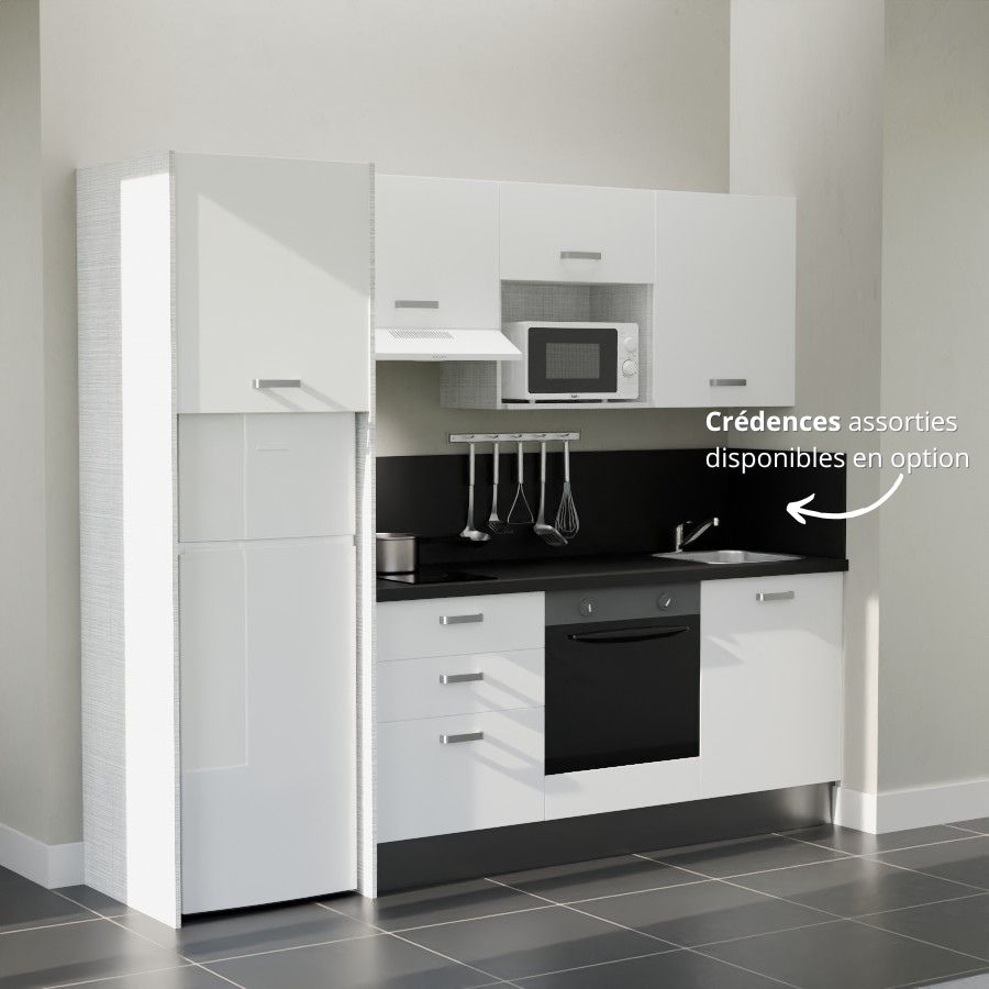 K37L-PT : Kitchenette 240 cm Blanc, plan de travail noir, cuve inox