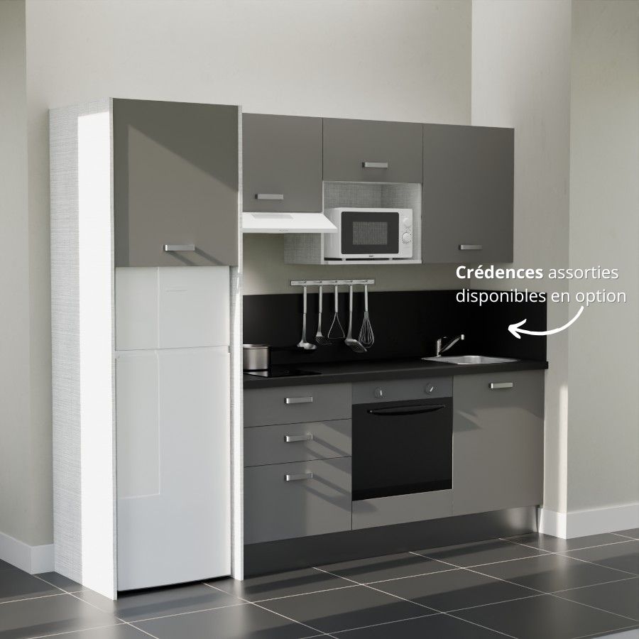 K37L-PT : Kitchenette 240 cm Gris, plan de travail noir, cuve inox