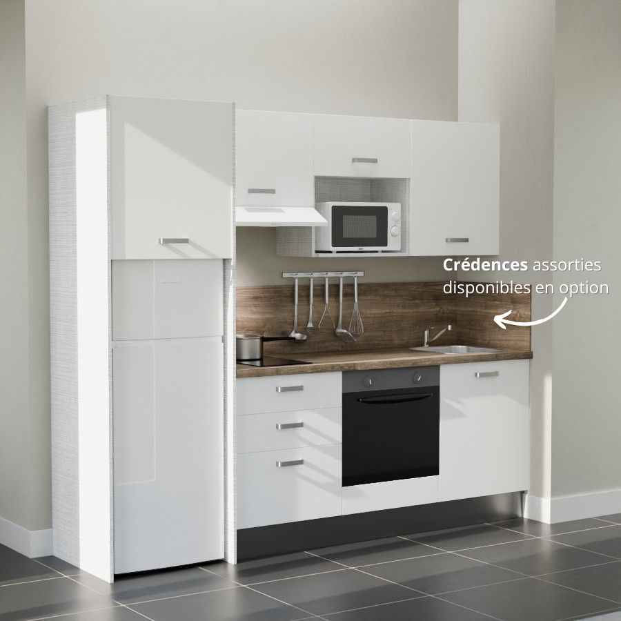 K37L-PT : Kitchenette 240 cm Blanc, plan de travail chêne, cuve inox