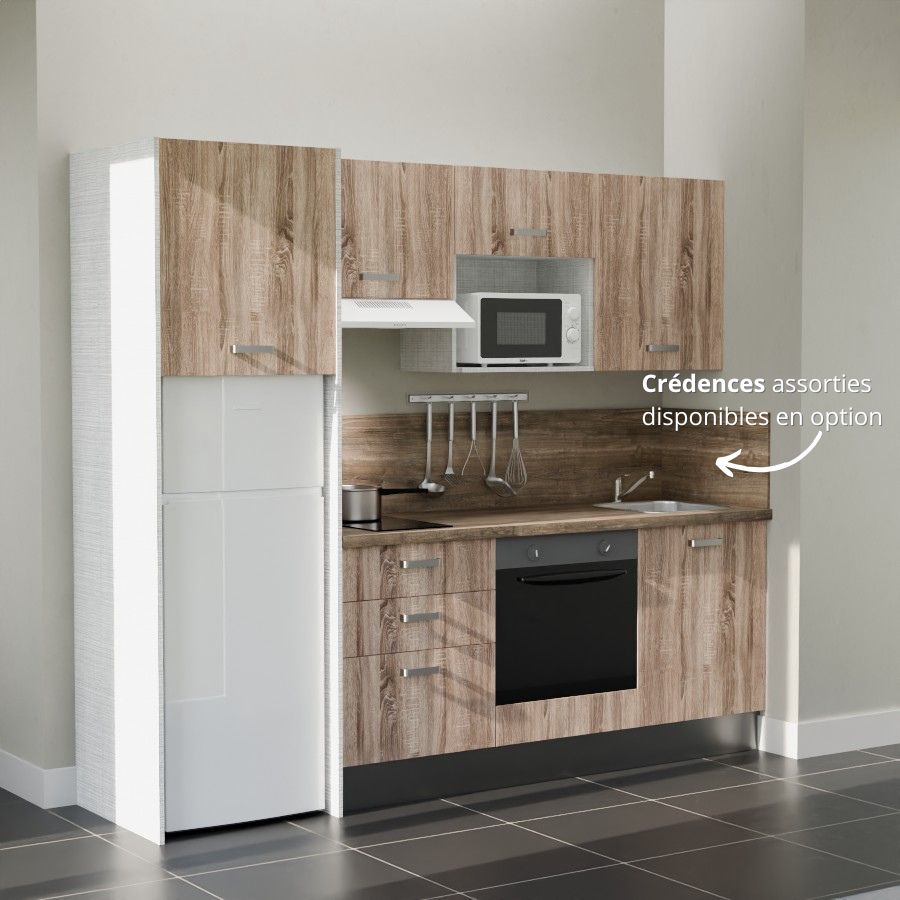 K37L-PT : Kitchenette 240 cm Chêne, plan de travail chêne, cuve inox