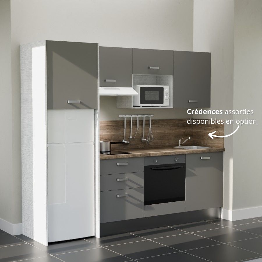 K37L-PT : Kitchenette 240 cm Gris, plan de travail chêne, cuve inox