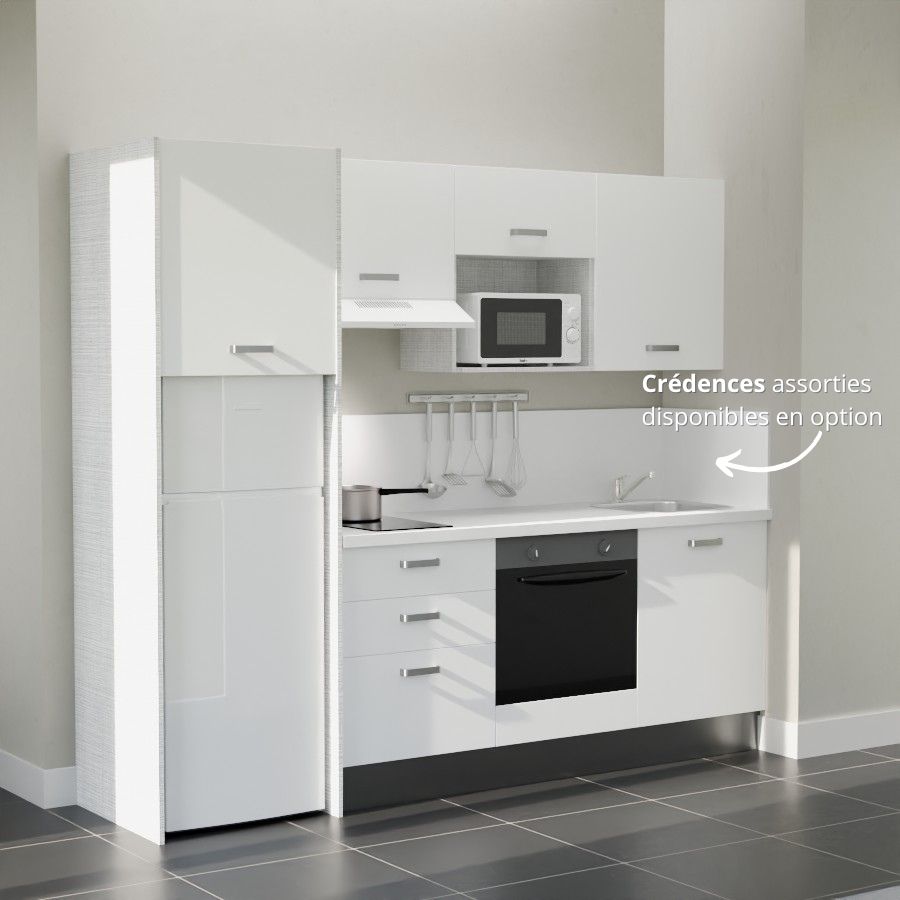 K37L-PT : Kitchenette 240 cm Blanc, plan de travail blanc, cuve inox