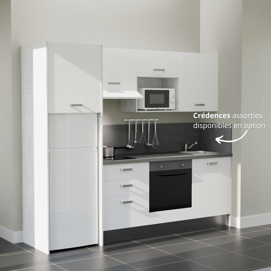 K37L-PT : Kitchenette 240 cm Blanc, plan de travail gris, cuve inox