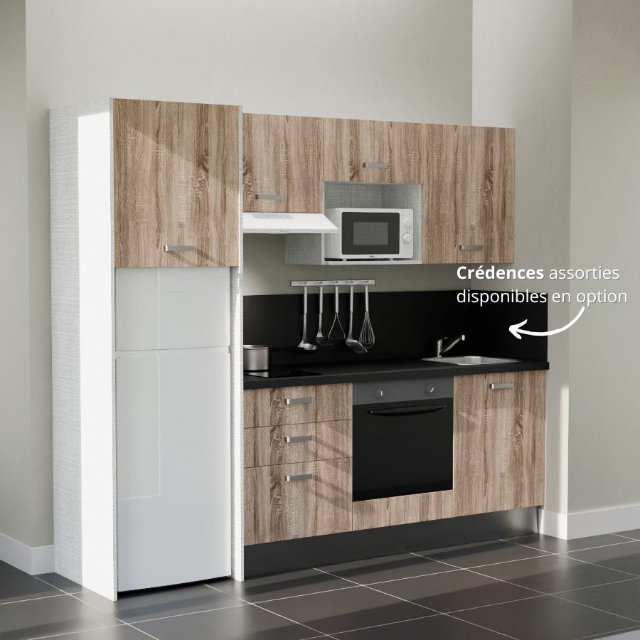 K37L-PT : Kitchenette 240 cm Chêne, plan de travail noir, cuve inox