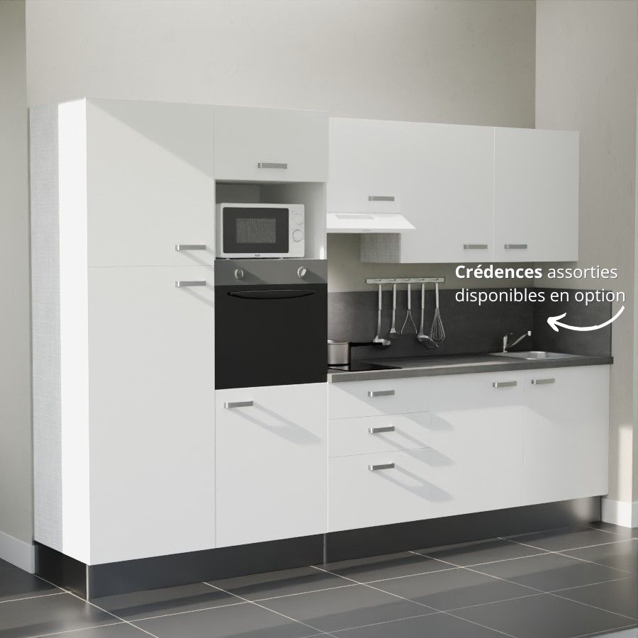 K46L-PT : Kitchenette 300 cm Blanc, plan de travail gris, cuve inox