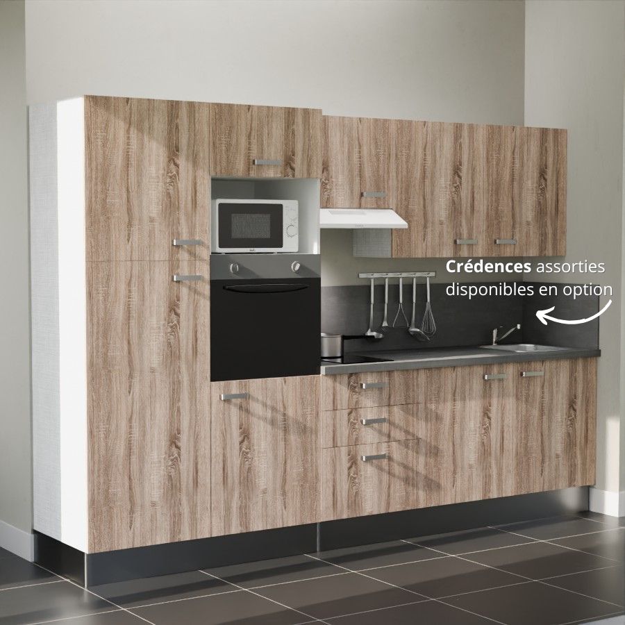 K46L-PT : Kitchenette 300 cm Chêne, plan de travail gris, cuve inox