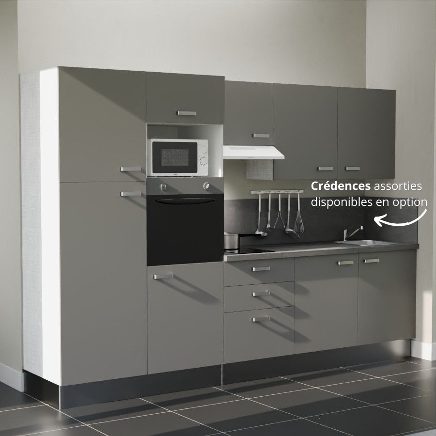 K46L-PT : Kitchenette 300 cm Gris, plan de travail gris, cuve inox