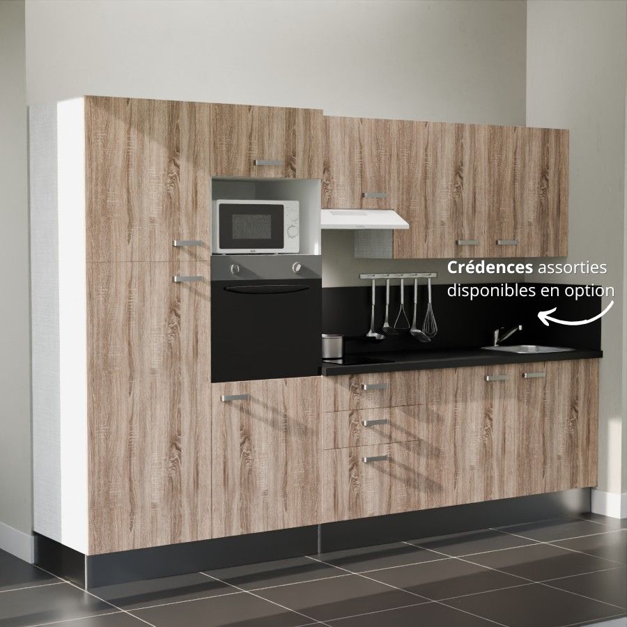 K46L-PT : Kitchenette 300 cm Chêne, plan de travail noir, cuve inox