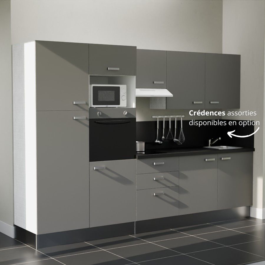 K46L-PT : Kitchenette 300 cm Gris, plan de travail noir, cuve inox