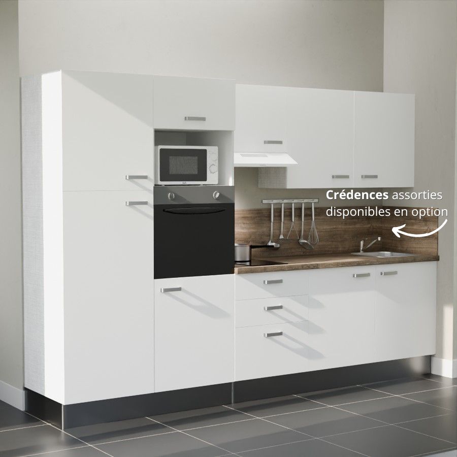 K46L-PT : Kitchenette 300 cm Blanc, plan de travail chêne, cuve inox