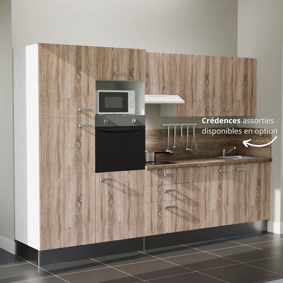 K46L-PT : Kitchenette 300 cm Chêne, plan de travail chêne, cuve inox