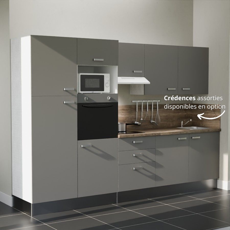 K46L-PT : Kitchenette 300 cm Gris, plan de travail chêne, cuve inox