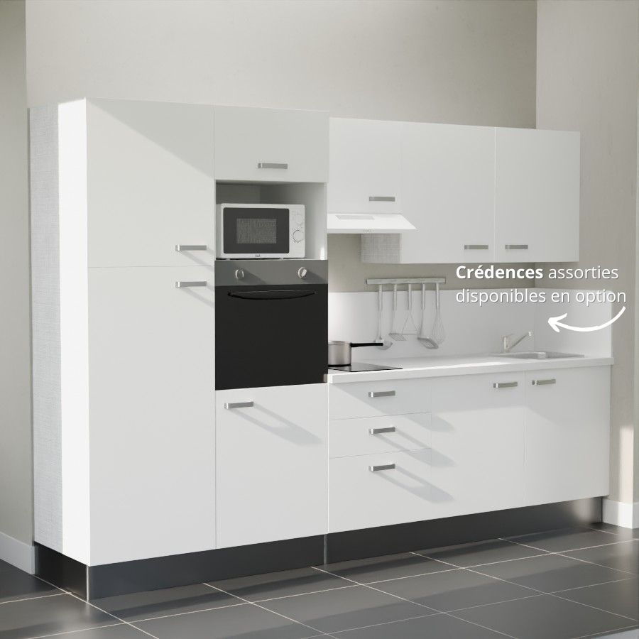 K46L-PT : Kitchenette 300 cm Blanc, plan de travail blanc, cuve inox