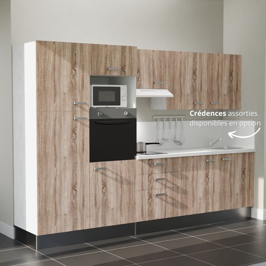 K46L-PT : Kitchenette 300 cm Chêne, plan de travail blanc, cuve inox