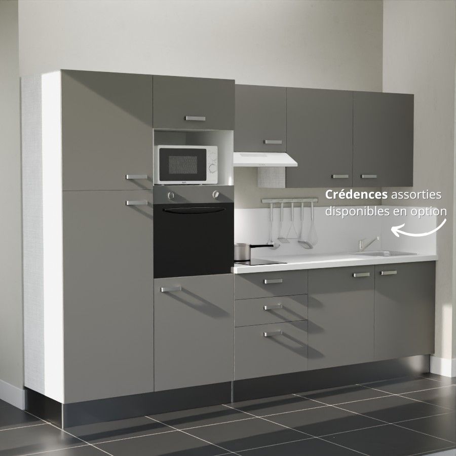 K46L-PT : Kitchenette 300 cm Gris, plan de travail blanc, cuve inox