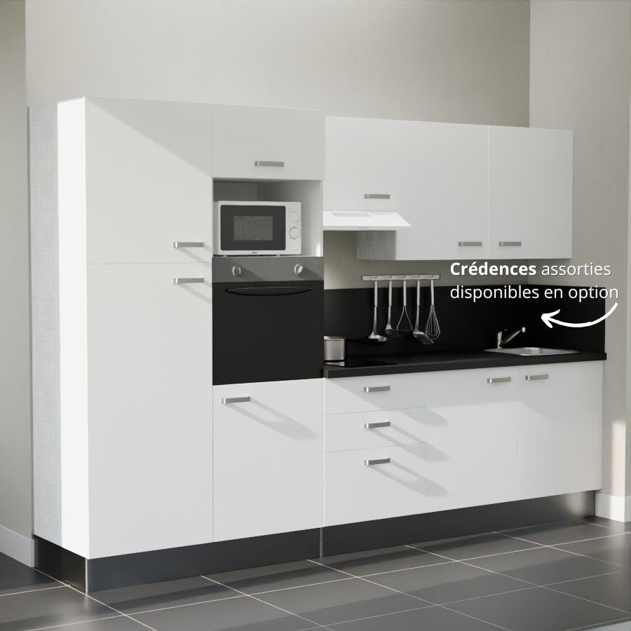 K46L-PT : Kitchenette 300 cm Blanc, plan de travail noir, cuve inox