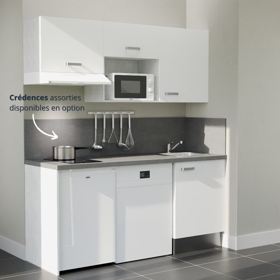 K55L-PT : Kitchenette 180 cm Blanc, plan de travail gris, cuve inox